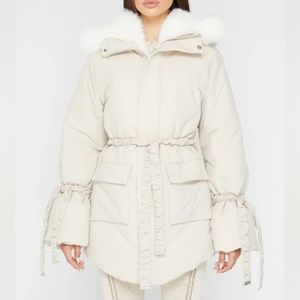 FAUX FUR LONGLINE COAT - Maniere De Voir Women Down Jacket Beige Coat Size 8